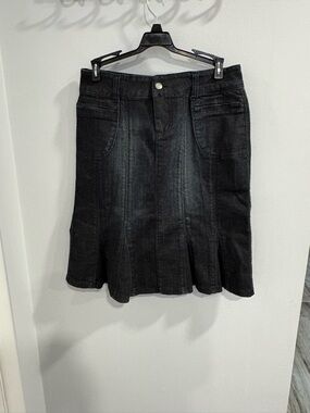 Cache Black Denim Midi Skirt with Flared Paneling